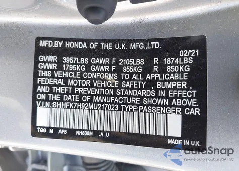 2021 Honda Civic Sport Touring from USA, damaged, VIN SHHFK7H92MU217023